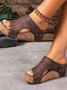 Thick High Heel Wedge Sandals For Women With Open Toe, Non-Slip, Stylish And Versatile, Vintage Design Waterproof Platform Outdoor Wear Women's Shoes Valentines - 棕色 - 查看 1