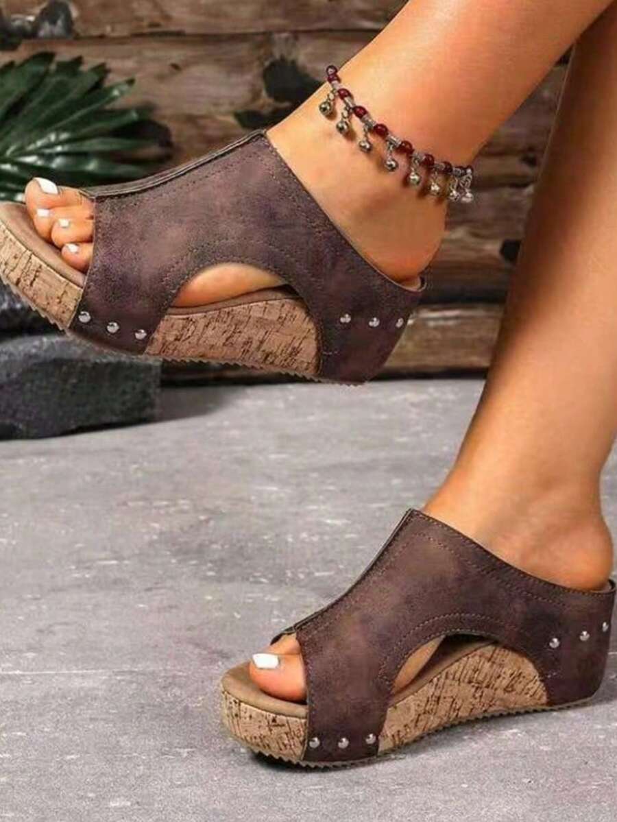 Thick High Heel Wedge Sandals For Women With Open Toe, Non-Slip, Stylish And Versatile, Vintage Design Waterproof Platform Outdoor Wear Women's Shoes Valentines - 棕色 - 查看 1