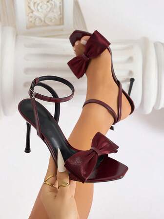 Women's High Heel Shoes - Satin Bow, Elegant Ribbon Bow Stiletto Heels, Peep Toe Ankle Strap, Soft & Skin-Friendly Leather-Like Material, Mature & Seductive Coffee Brown Color, Sexy & Romantic High Heel Sandals, Pointed Toe Metallic Thin Stilettos, Suitable For Party, Wedding, Stage, Commute, Office, Outdoor, Dating, Valentine's Day, Mother's Day, Women's Day,