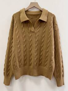 新款女士宽松针织毛衣，麻花针织休闲长袖高领套头衫，秋冬款 - 駝色 - 查看 5