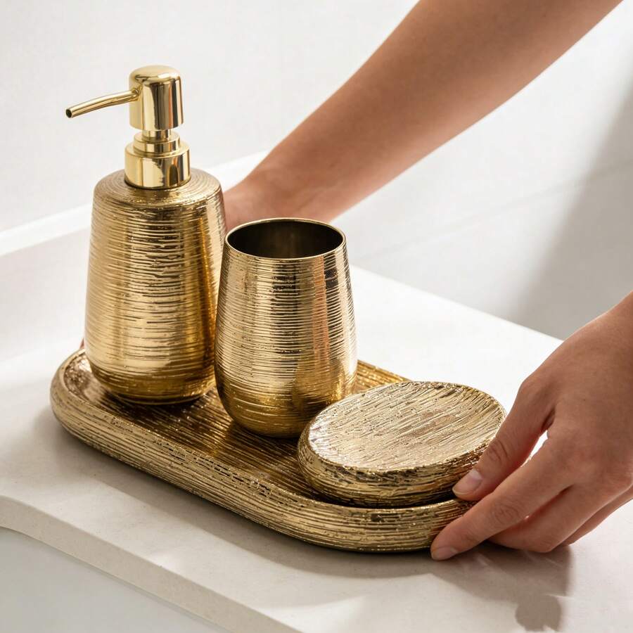 3pcs Ceramic Bathroom, Bathroom Set, Including Soap Dispenser, Toothbrush Holder And Soap Box. Bathroom Supplies, Bathroom Accessory Set, Home Bathroom Decoration Supplies. Suitable For Home Use, And Can Also Be Used As Birthday Gifts, Holiday Gifts, New Year Gifts, Housewarming Gifts And Mother's Day Gifts. An Excellent Choice For High-End Gifts. - Gold - View 1