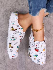 女士时尚卡通印花闭趾鞋，木屐式四季工作鞋，轻便平底透气鞋，舒适柔软鞋底，可调节搭扣，闭趾设计，适合海滩、花园和秋季穿着。 - 白色 - 查看 6