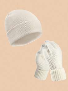 两件套冬季针织帽手套套装，加厚针织帽配触屏手套，男女通用纯色时尚骷髅帽，韩版女士休闲针织帽手套套装 - 男女通用纯色，保暖适合户外骑行 - 彩色 - 查看 6