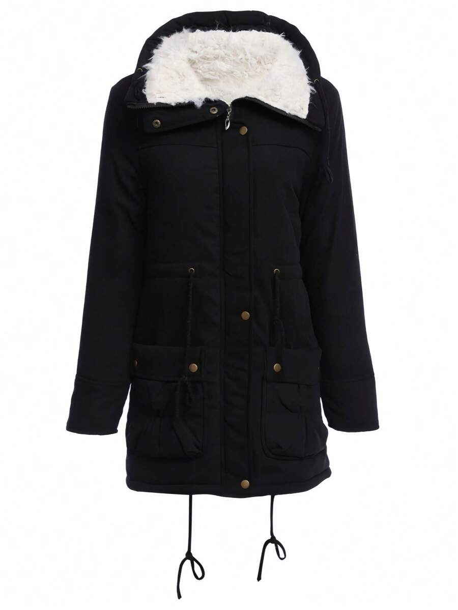 Abrigos para mujer, chaquetas cálidas de invierno, talla grande, forro polar, botones, abrigos con capucha y bolsillos - Negro 2 - Ver 1