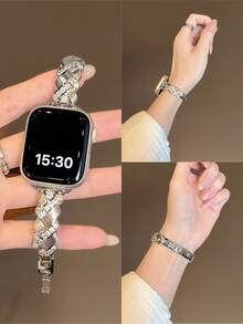 Chic Apple-Inspired Wheat & Diamond Bracelet Watch Band With Freely Adjustable Sizing | Sparkling Textured Design & Cute Apple Charm, Compatible With Apple Watch Ultra/SE/Series 11/10/9/8/7/6/5/4/3/2/1 | Fits 38mm 40mm 41mm 42mm 44mm 45mm 46mm 49mm