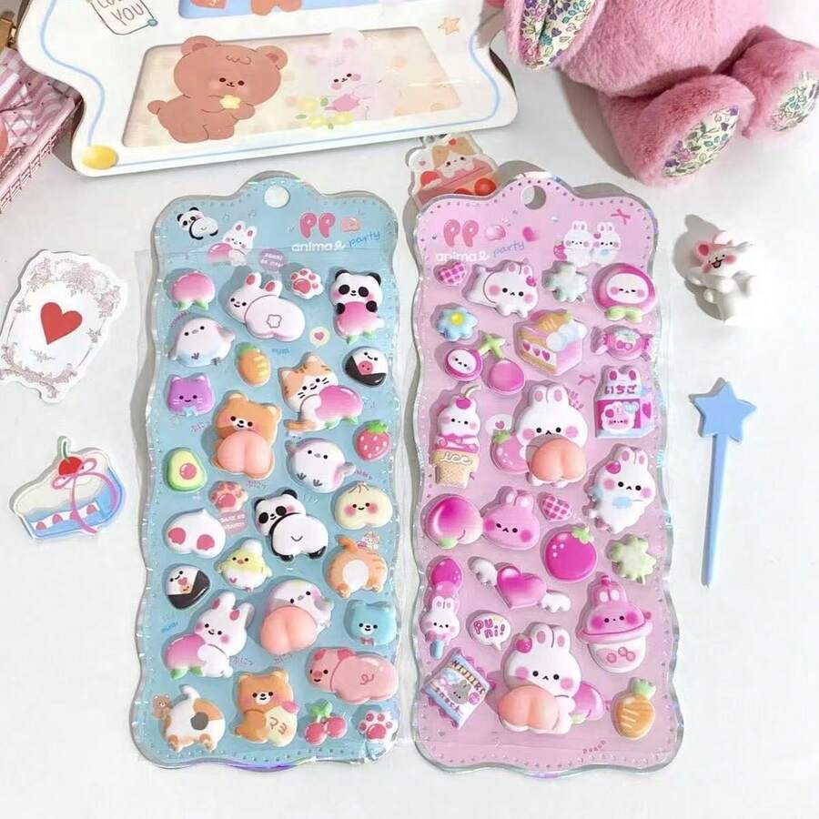 Cute Squeeze Stickers, Stress Relief Squeeze Toys, Adorable 3D Bear, Rabbit, Animal Bubble Stickers - Multicolor - View 1