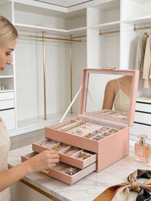 Jewelry Box With Glass Lid, 3-Layer Jewelry Organizer, 2 Drawers, For Big And Small Jewelry, Jewelry Storage