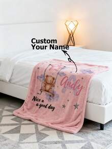 Personalized Name Cute Bear Swing Blanket, Super Soft Flannel Throw Blanket, Birthday Gift For Girls - Multicolor - View 4