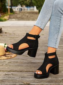 Women's High Heel Sandals, Summer Roman Style Hollow-Out Fashion Solid Color Back Zipper Thick Heel Sandals - Black - View 2