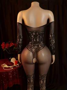 Sexy No-Shoulder Strap One Shoulder Open Crotch Netting Bodycon Dress, Body Socks, With Hollow Details, Adult Women's Enhanced Elasticity Bodycon Dress - Black - View 2