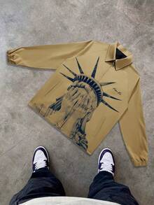 Áo khoác nam phong cách đường phố in hình tượng Nữ thần Tự do, kiểu dáng thường ngày, có khóa kéo, họa tiết chân dung khắp áo, thích hợp mặc ngoài vào mùa xuân thu, tay dài, phù hợp cho mặc hàng ngày, đi chơi, đi học, tụ họp bạn bè. Có thể dùng làm quà tặng cho bạn trai và bạn bè. - màu nâu - Xem 6