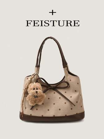 1pc Polka Dot Faux Suede Tote Bag, Fashion Women's Handbag, Shoulder Bag For Commuting, Dating, Daily Use, Comes With Pendant