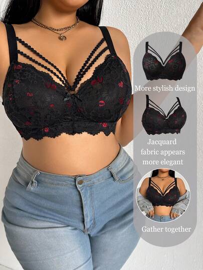 Plus Size Women Wireless Lace Bra, Breathable Non-Slip Front Closure Supportive Bra With Adjustable Straps, Seamless For Daily Wear