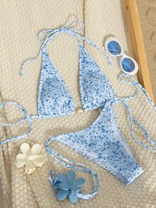 Women's Summer Beach Blue 2-Piece Bikini Set, Spaghetti Strap Triangle Top And Side Tie Bottoms, Sexy & Charming Swimwear, Suitable For Women, Vacation, Pool Party, Fashion Swimsuit - Blue - View 6