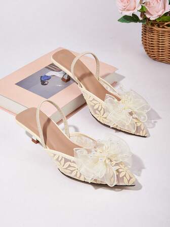 Women's New Pearl Bow Mesh Formal Wedding Party Elegant Pointed Toe Slingback Beige High Heels