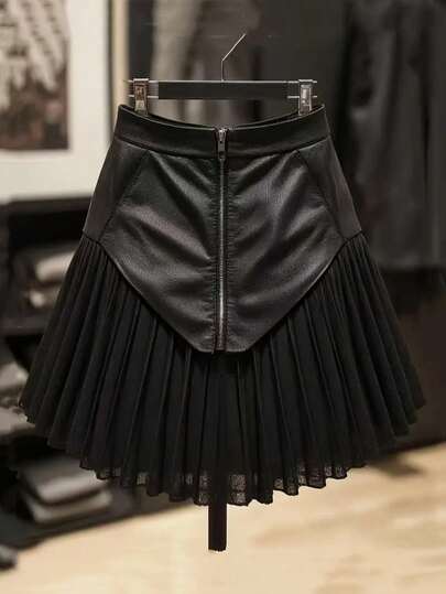 Plus Size High Waist Black PU Leather Skirt, Patchwork Pleated A-Line Mini Skirt, Front Zipper Detail, Sexy & Elegant Design, Perfect Summer , Can Be Worn Alone Or Layered, High Waist Skirt, Fashionable Style, Must-Have For Fashion Enthusiasts Spring