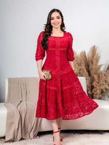 Women's Midi Dress With Lace, 3/4 Sleeves, And A Flared Skirt, Elegant For Parties And Weddings. - 紅色 - 查看 4