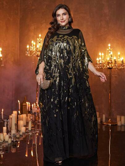  SUPGIR Plus Size Women's [Random Print] Stand Collar Long Sleeve Sequin Patchwork Elegant Evening Dress