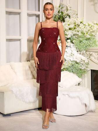 Modphy Vestido elegante de cóctel con tirantes finos, brillante, con pedrería, espalda descubierta, ajustado y entallado, para fiestas, bodas, eventos formales y cenas