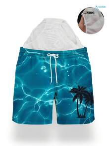 Men's Summer Coconut Tree Print Drawstring Waist Slant Pocket Quick Dry Double Layer Mesh Lined Shorts, Fashionable Casual Tropical Hawaiian Beach Vacation 3/4 Shorts, Beach Pants, Swim Trunks - Black - View 2