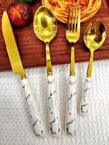 4pcs Golden Unique Stainless Steel Tableware, Old-Fashioned Silverware, Elegant Colorful Ceramic Handle Table Knife, Dessert Spoon, Fork And Spoon - Multi-Color Creative Tableware Porcelain, Perfect For Daily Dining And Holiday Gatherings