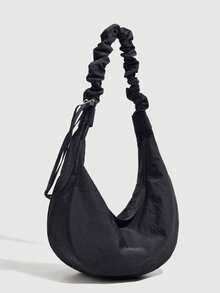 Casual Lightweight Pleated Shoulder Bag, Versatile Crossbody Bag For University Students, Outing, School, Commuting, Women's Japanese Style Crescent Moon Bag - Black - View 1