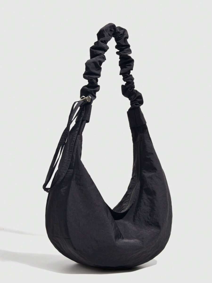 Casual Lightweight Pleated Shoulder Bag, Versatile Crossbody Bag For University Students, Outing, School, Commuting, Women's Japanese Style Crescent Moon Bag - Black - View 1