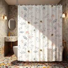 1件装花卉图案浴室浴帘，优雅复古粉彩花卉图案，现代浴室装饰套装，带挂钩，优美植物设计，必备浴室配件，自然灵感淋浴装饰，涤纶材质，带挂钩 - 彩色 - 查看 8