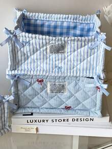Keranjang Penyimpanan Lipat Bergaris Berlapis, Kotak Penyimpanan Meja Lipat, Tas Kosmetik Ember Pita Kapasitas Besar untuk Rumah, Dekorasi Ruangan - Baby Blue - View 8