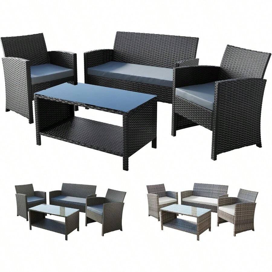 4pcs Outdoor Patio Furniture Garden Sofa PE Wicker Rattan Lounge Chair And Glass Coffee Table 4 Pieces Setting UV-Resistant Conversation Set With Steel Frame And Cushions Black - Black - View 1