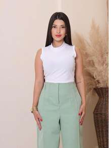 Women's Tailored Wide Leg Straight Leg Trousers With High Waist, Elastic Back, Side Pocket, Elegant And Comfortable, Loose Fit And Perfect Drape For The Office. - 薄荷綠 - 查看 2