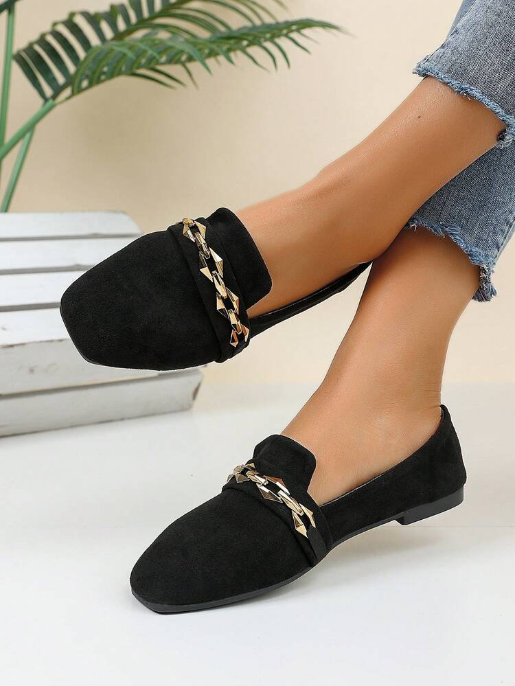 Women's Black Faux Suede Slip-On Loafers With Chunky Gold Chain Embellishment - Soft Sole Comfort Flat Shoes For Casual Office Daily Streetwear - Black - View 18