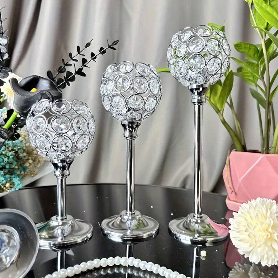 3-Pieces Elegant Crystal Candle Holders - Versatile, Silver Centerpiece Polished Finish For Wedding Decor, Table Centerpieces & Home Ambiance Halloween, Spooky, Autumn, Festival, Holiday , Winter, Holiday, Festival, Room Decor, Gifts Birthday Graduation - 銀色 - 查看 1