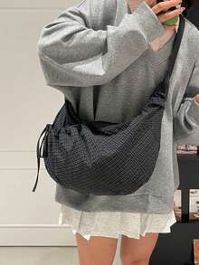 Japanischer Stil karierte Umhängetasche, modische plissierte Damen-Handtasche mit Schleife und Reißverschluss-Dekor, Umhänge-Aktentasche geeignet für Mittel-/Oberschüler und Studenten, leicht faltbare Stofftasche, ideal für Einkaufen und Pendeln, halbmondförmig - Verschiedenfarbig - Übersicht 4