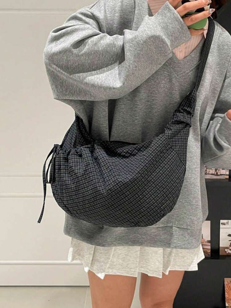 日式格子单肩包，时尚褶皱女式手提包，饰有蝴蝶结和拉链，斜挎包/双肩包，适合中小学生和大学生，轻便可折叠布包，是购物和通勤的理想之选，新月形 - 彩色 - 查看 3
