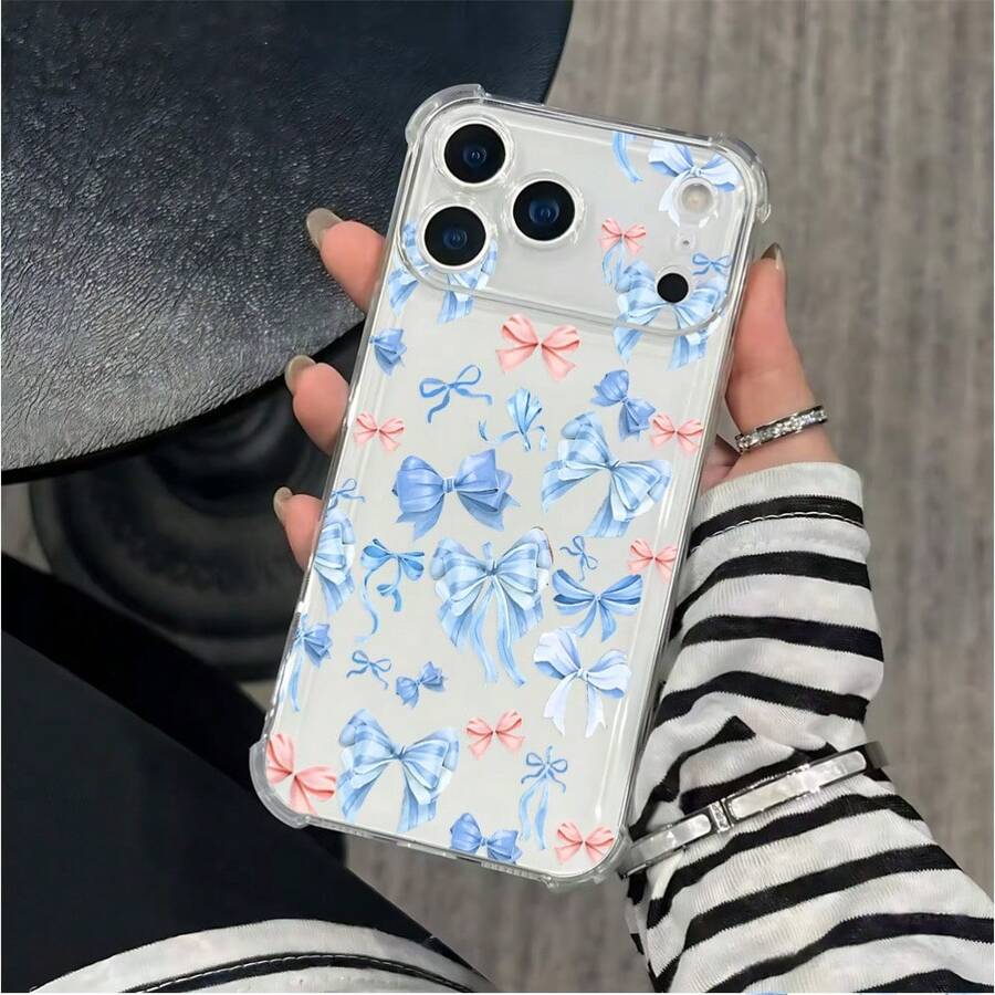 Compatible con iPhone 17, 16, 15, 14, 13, 12 y 11 Pro Plus Max, así como con OPPO, Galaxy, Moto, Redmi, Honor y Transsion. Esta funda transparente de cuatro esquinas a prueba de golpes presenta un diseño de lazo azul y rosa. Ideal como regalo de cumpleaños, para tu pareja o para uso personal. - transparente - Ver 1