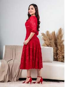 Women's Midi Dress With Lace, 3/4 Sleeves, And A Flared Skirt, Elegant For Parties And Weddings. - 紅色 - 查看 2