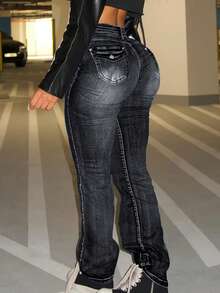 Jeans negros versátiles con cintura levantadora para mujer, pantalones casuales de ajuste delgado y elástico, elegantes y de moda para la primavera - Gris Oscuro - Ver 6