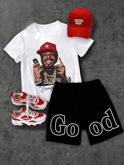 Tween Boy Cartoon Print Short Sleeve T-Shirt And Shorts Summer Set