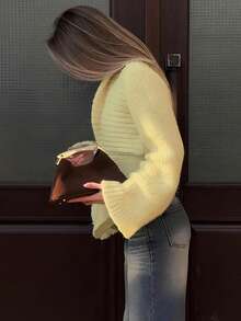 1pc Solid Color Knitted Ribbed Button Cardigan, Suitable For Holiday, Date Night, Wedding, Office, Birthday Party In Autumn - Light Yellow - View 2