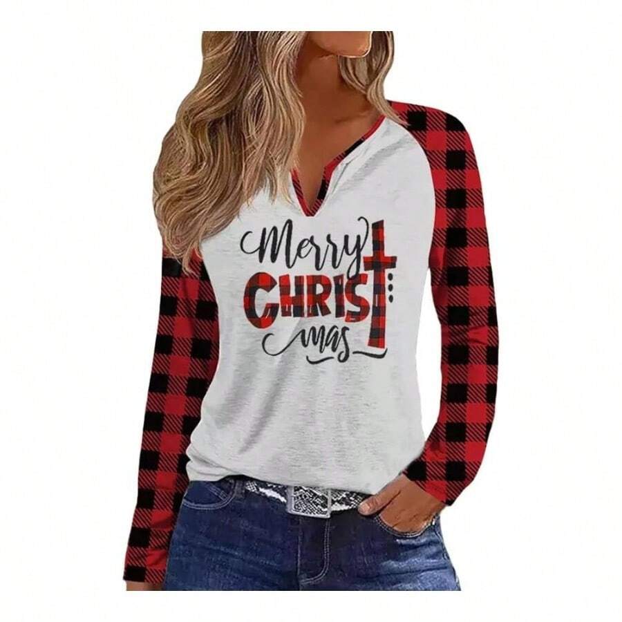 Camisa de Navidad con cuello en V y copo de nieve para mujer, divertida playera de manga larga con diseo grfico de bfalo de Navidad, fiestas familiares, fiestas de invierno - G + B-blanco-3 - Ver 1