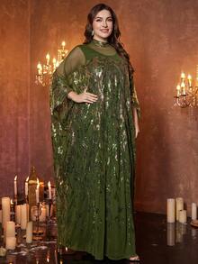 SUPGIR 大码女装【随机印花】立领长袖亮片拼接优雅晚礼服 春季 - 橄欖綠 - 查看 7