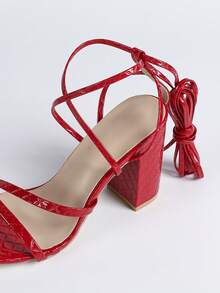 女士红色高跟凉鞋，长系带至小腿，方头粗跟，舒适时尚百搭，露趾设计拉长腿部线条，粉嫩别致的鞋子 - 紅色 - 查看 8