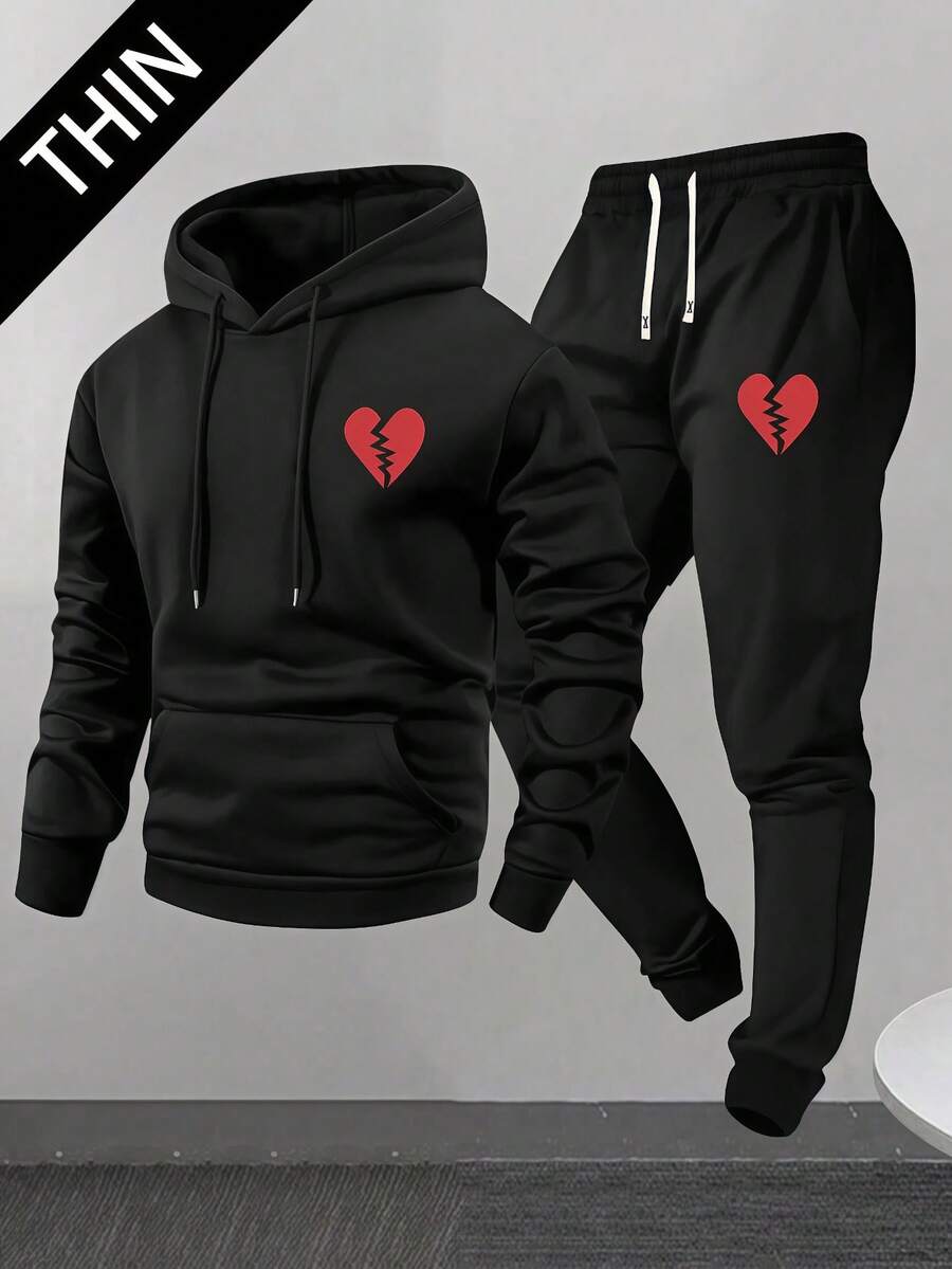 Bộ 2 áo hoodie in hình trái tim và quần cạp rút cho nam, dáng ôm vừa vặn, nhẹ, thích hợp cho các buổi đi chơi mùa xuân/thu, quà tặng cho chồng/bạn trai, ngày lễ - màu đen - Xem 1