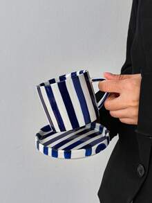 1 Juego de taza y platillo de cerámica a rayas azul y blanco, juego de café/té de color de contraste retro, juego de té de la mañana/tarde con amigos, decoración de apartamento, regalo para compañeros de trabajo - Multicolor - Ver 7