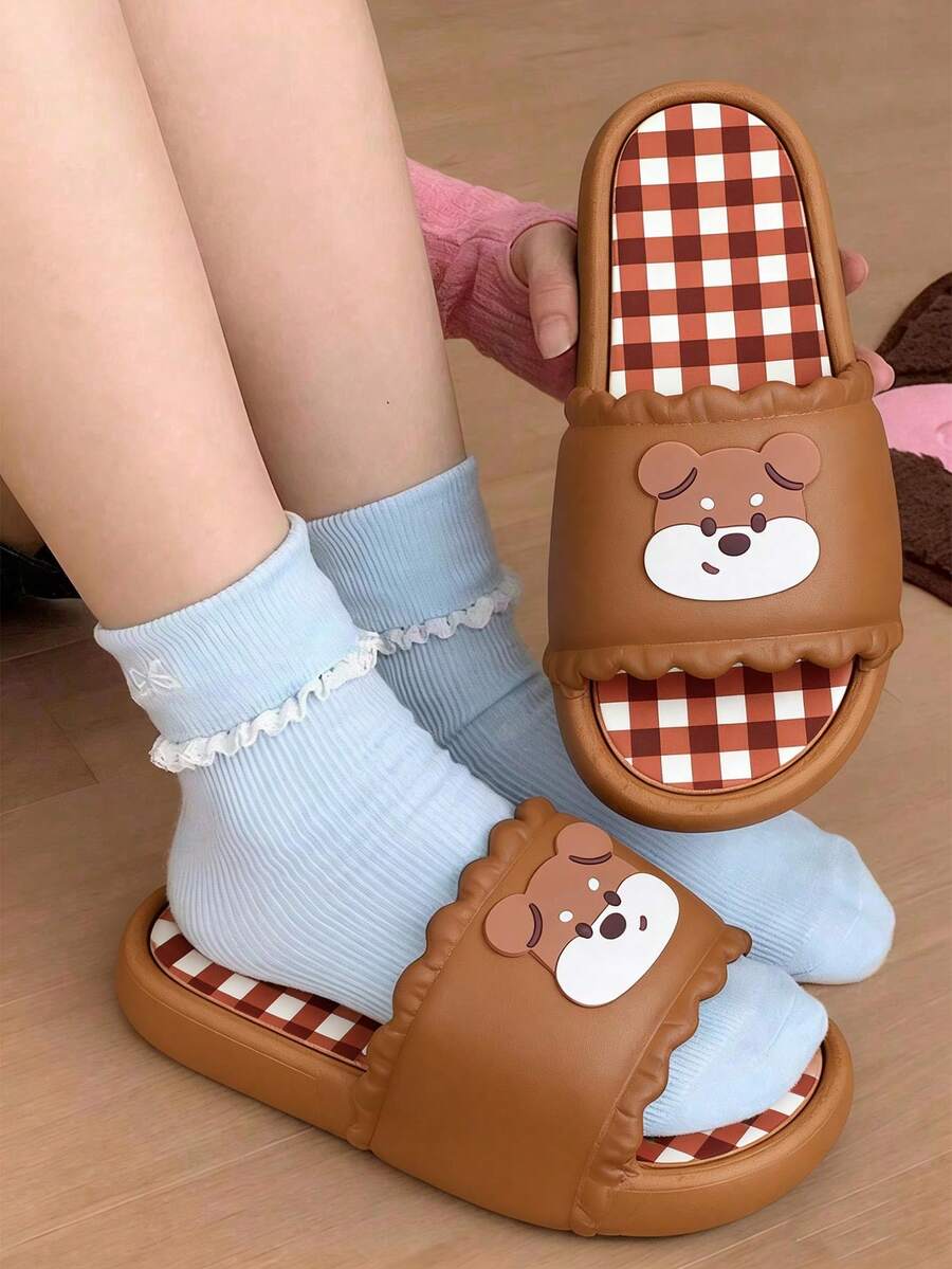 1 par de pantuflas suaves y casuales para exteriores con diseño de perro lindo, corre 1 talla talla grande pequeña - Marrón - Ver 1