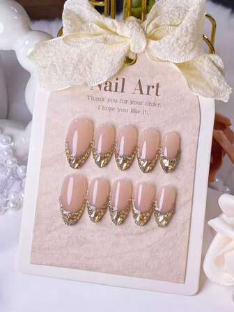 10 Handmade Almond-Shaped Press-On Nails: Nude French Style With Golden Champagne Rhinestones.These Press-On Nails Are Entirely Handcrafted, Featuring A Chic Nude French Base Embellished With Hand-Set Golden Champagne Rhinestones.