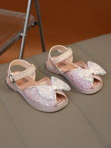 1双时尚百搭女童珍珠水钻蝴蝶结装饰可爱平底凉鞋，圆头，适合日常穿着、跳舞、户外活动，亮片装饰，闭趾公主鞋，春秋季款 - 粉色 - 查看 3