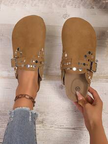 Women's Round Toe Sequin Buckle Strap Shoes, Fashionable, Casual, Comfortable, Convenient Slip-On, Suitable For Daily, Commute, Party - Camel - View 1