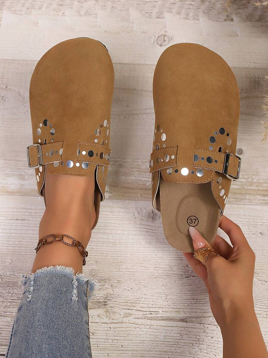 Women's Round Toe Sequin Buckle Strap Shoes, Fashionable, Casual, Comfortable, Convenient Slip-On, Suitable For Daily, Commute, Party - Camel - View 1
